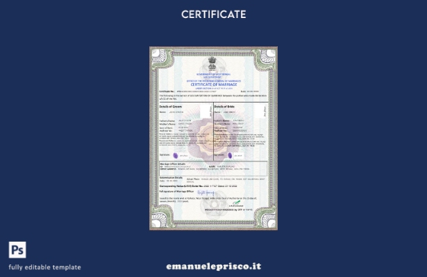 Modello di certificato di matrimonio indiano in stile verificato in formato PSD,